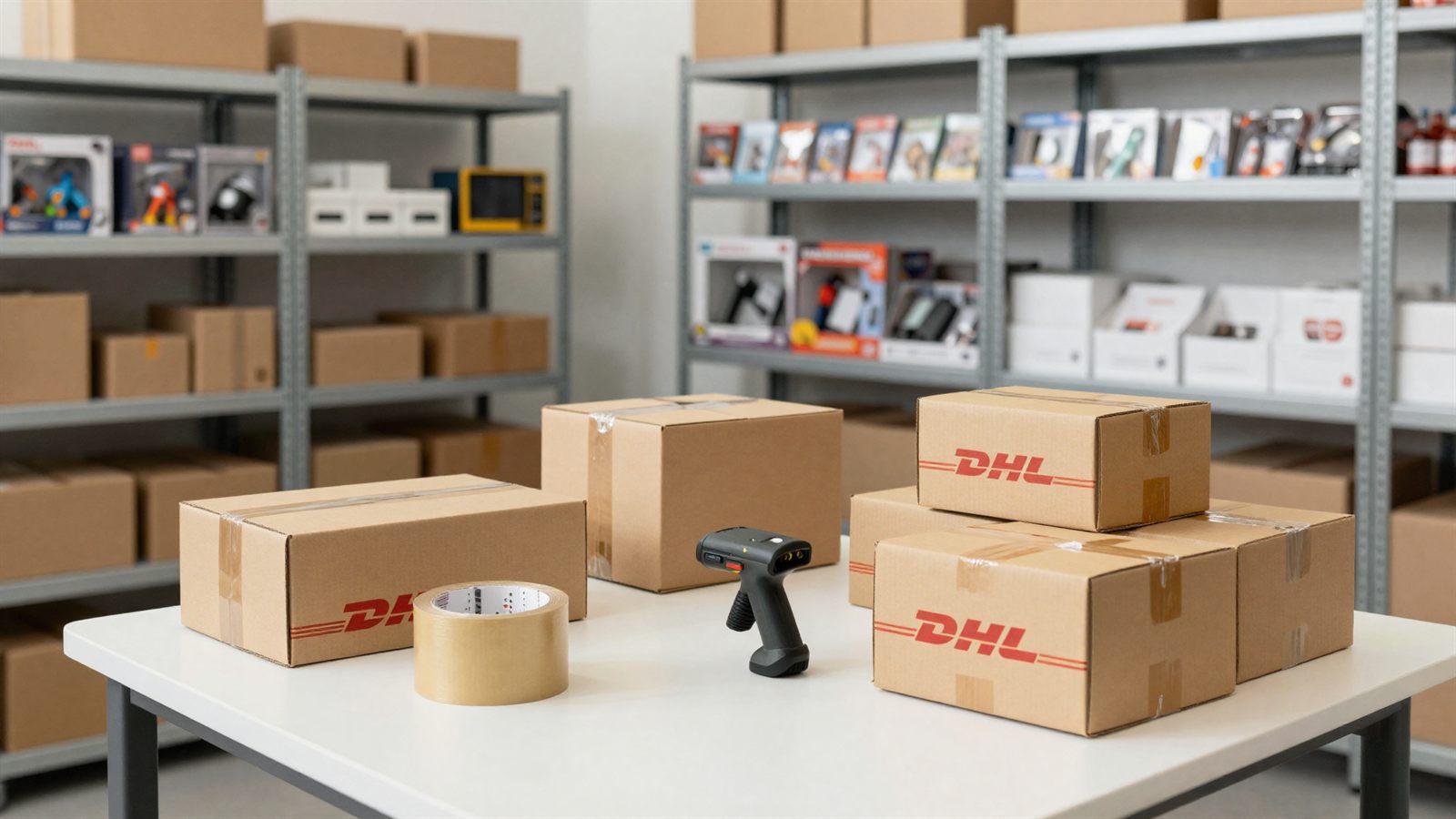 Lager- und Versandbereich von Tech N Toys in Mönchengladbach mit versandfertigen Paketen am Packtisch